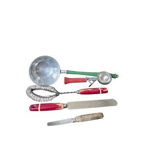 Vintage Kitchen Utensil Set Ice Cream Scoop Whisk Spatula Ladle Red Handle 5 Pcs